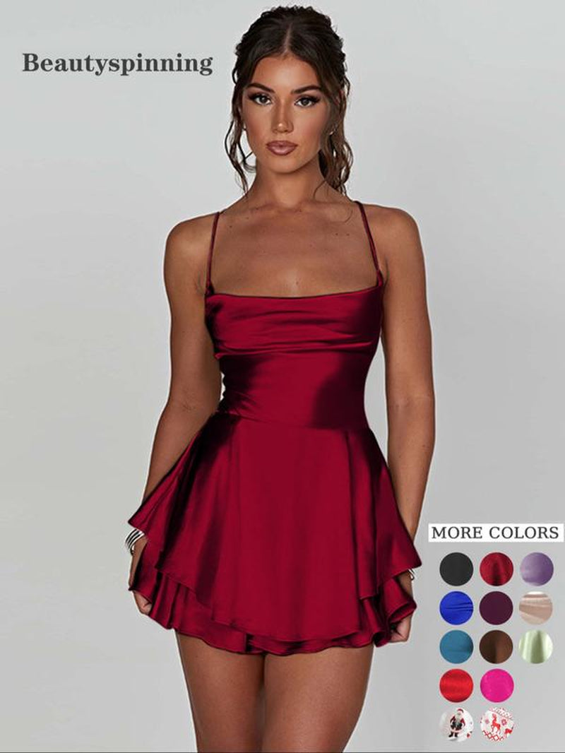 Women'S Plain Lace up Backless Tiered Layer Satin Cami Dress, Summer Clothes Women, Elegant Cowl Neck Sleeveless a Line Short Dress for Party Holiday Wedding Guest, Dresses for Women